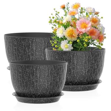 Imagem de Meowell Vasos de flores grandes de 12/10/23 cm, 3 conjuntos de vasos grandes para plantas internas ao ar livre com ondulações de água, vasos de plástico largos com orifícios de drenagem e pires para