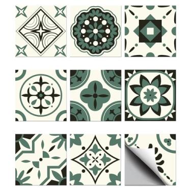 Imagem de CHGCRAFT 36 peças 9 estilos adesivos de azulejo padrão verde musgo à prova d'água adesivos quadrados com padrão de flores para decoração de chão de cozinha, banheiro, quarto, parede, verde-oliva, 10 x