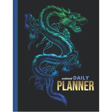 Imagem de Undated Daily Planner: 8.5x11 One Page Per Day Diary / 365 Logs / 6AM to 7PM Hourly Schedule/Green Blue Dragon Art on Black/To Do List Notebook / ... / Time Management Gift For Organized People