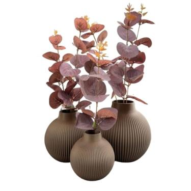 Imagem de Trio De Vasos Decorativos Com Flores de eucalipto Artificial Toque Real (Vaso MARROM/Folha VERMELHA)
