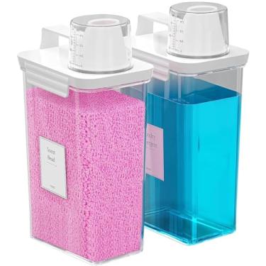 Imagem de Hordely Dispensador de detergente para roupas de 2,205 g, embalagem com 2 recipientes de detergente líquido em pó, dispensador de amaciante de tecido de plástico para lavanderia com etiquetas,