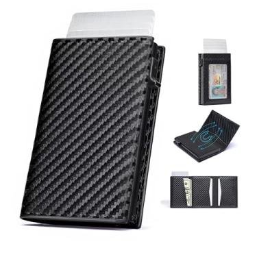 Imagem de Carteira masculina inteligente com porta-cartão: capa de cartão de alumínio pop-up com bloqueio RFID - Carteira minimalista de couro fina com janela para cartão de identificação - Carteira com bolso