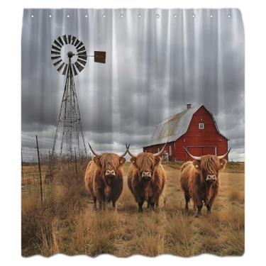 Imagem de Cortina de chuveiro Farmhouse Highland vaca animais rústicos bonito gado touro vermelho ocidental porta de celeiro moinho de vento cabine país cortinas de banheiro decoração com ganchos