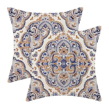 Imagem de Conjunto de 2 capas de almofada Boho azul marinho 45,7 x 45,7 cm, estampa de tapete laranja queimado, design étnico, retrô, decoração de casa de fazenda, quadrada, decoração de casa de fazenda, capas