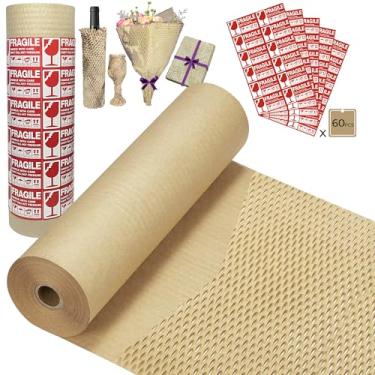 Imagem de Pordrick Papel De Embalagem Honeycomb 15''X265', Alternativa Substituta Para Plástico Bolha Para Embalagens De Transporte, Suprimentos De Mudança Recicláveis Com 60 Etiquetas Adesivas Frágeis
