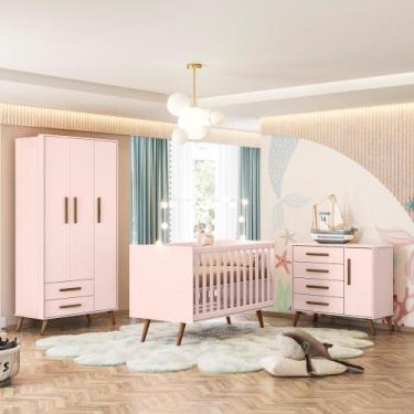 Imagem de Kit Quarto de Bebe Retro Marbella Rosa com Colchao - Mais de Casa