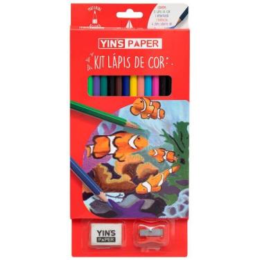 Imagem de Kit 12 Lápis de Cor 1 Apontador 1 Borracha 4 Lápis Grafite HB - Yin's 