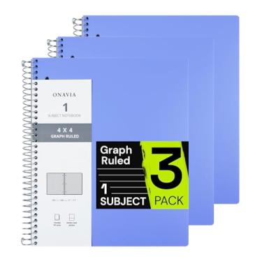 Imagem de ONAVIA Caderno espiral para escola, pacote com 3, 1 matéria, papel pautado com grafos 10 x 10, 100 folhas, 23 x 28 cm, 1 divisória com bolso, 3 furos perfurados, capa de plástico, caderno gráfico de