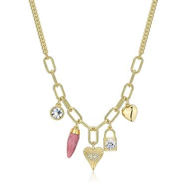 Imagem de Colar com pingente grosso, pingente de cristal de cura de jade com vários corações, sol, lua, pérola, com corrente banhada a ouro 14 k, Cobre, Zircônia cúbica