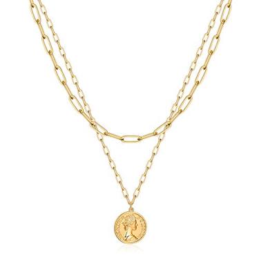 Imagem de Turandoss Colares de ouro para mulheres – Colar de corrente de ouro 14 K com medalhão de olho turco vintage de abelha e sol e lua de ouro em camadas com clipe de papel para mulheres, joias de presentes, Metal, não conhecido,