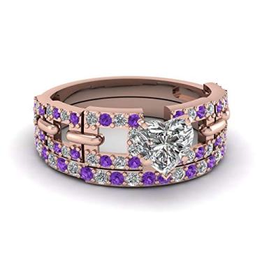 Imagem de 55Carat Escolha sua pedra preciosa interligada conjunto quadrado banhado a ouro rosa em forma de coração conjuntos de alianças de casamento para mulheres, casamento, noivado, aniversário, tamanho 4 a
