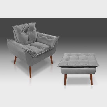 Imagem de Kit 01 Poltrona Opala + 01 Puff Opala Com Fibra Siliconada Suede Cinza Claro- Casa da Poltrona