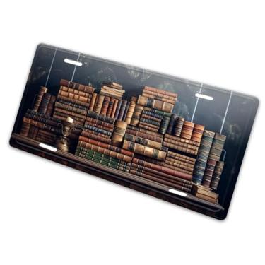 Imagem de Bookshelf Bookworm Capa de matrícula criativa antiga - Etiqueta artística de alumínio para carro, à prova de ferrugem, design exclusivo - 15 x 30 cm