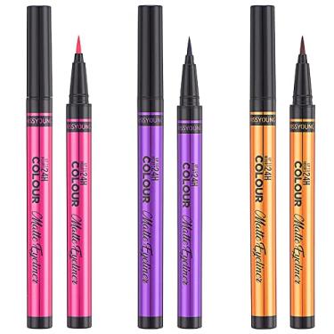 Imagem de Vtrem Pacote com 3 delineador de olhos rosa vermelho roxo cor café à prova d'água delineador líquido à prova de manchas fino ferramentas de maquiagem longa duração o dia todo