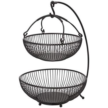 Imagem de Cesta de frutas de arame, cesta ajustável com ganchos de banana de frutas, cesta de frutas moderna etágere de metal preto, duas tigelas de frutas grandes, preta