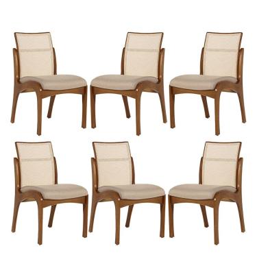 Imagem de Kit 6 Cadeiras de Madeira para Mesa de Jantar com Encosto Tela Lisboa Linho Bege M58 RMI