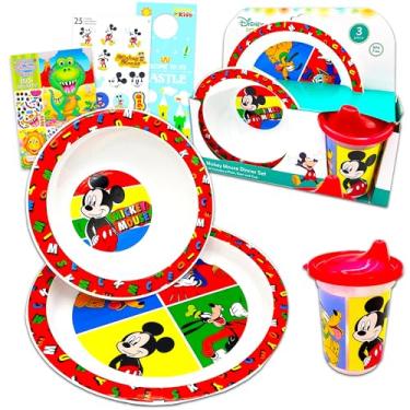 Imagem de Conjunto de louça Mickey Mouse – Conjunto de 3 peças Disney Prato de jantar, tigela, copos, adesivos, mais | Conjunto de talheres Mickey Mouse para bebês, crianças e crianças pequenas