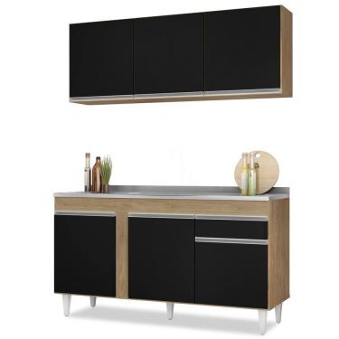 Imagem de Armário Aéreo Argélia E Balcão Gabinete Com Pia Inox 150cm Dakota Castanho-preto - Lumil