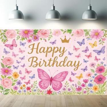 Imagem de Starlit Patio Faixa de fundo de borboleta de aniversário rosa floral para fotos de princesas para decoração de festa de meninas, chá de bebê, mesa de bolo doce para bebês e crianças, suprimentos para