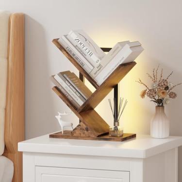 Imagem de Qupui Estante de árvore com luzes LED, estante de 3 andares, prateleira de canto clássica infantil, armazenamento de livros de madeira alta para quarto, sala de estar, escritório em casa, marrom