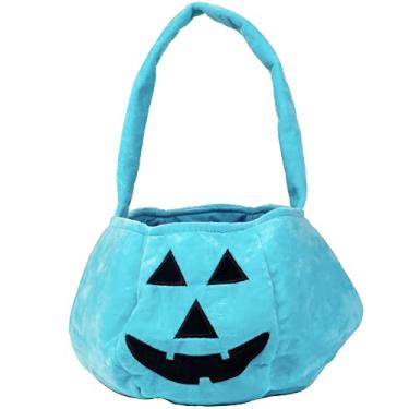 Imagem de Sacola reutilizável de tecido de abóbora azul-petróleo de Halloween - bolsa de doces macia de lona dobrável 20 x 20 cm azul claro para conscientização contra alergias Jack O lanterna, balde de feltro para decorações de fantasia