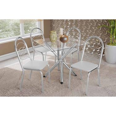 Imagem de Kit 4 Cadeiras Sala Jantar Volga c/ Tampo de Vidro 90cm e 4 Cadeiras Holanda Cromada - Courano Branco - Kappesberg