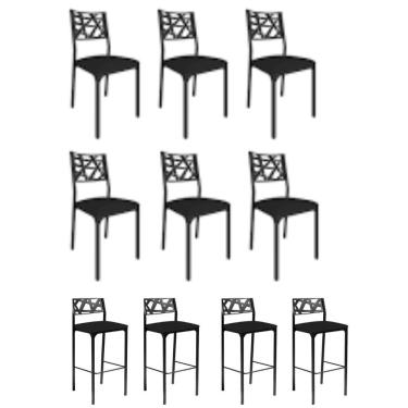 Imagem de Kit 6 Cadeiras E 4 Banquetas Luiza Gourmet Aço Assento Courino Preto Gat Magazine