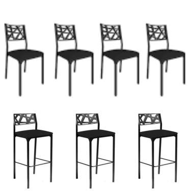 Imagem de Kit 4 Cadeiras E 3 Banquetas Luiza Gourmet Aço Assento Courino Preto Gat Magazine