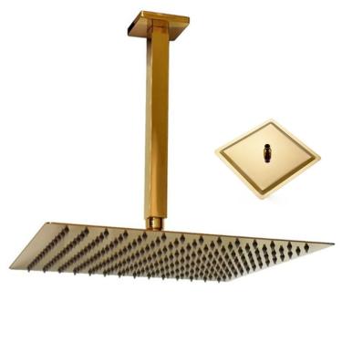 Imagem de Ducha Chuveiro Inox Teto Slim Dourado 20X20 Quadrado Suporte