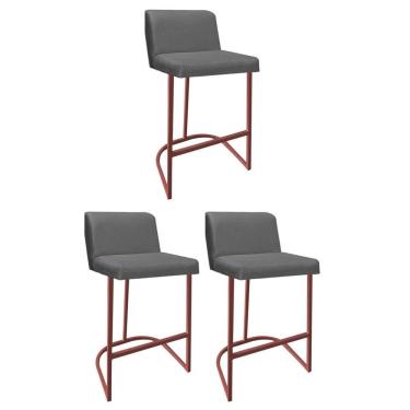 Imagem de Kit 03 Banquetas Com Encosto Confort Bistrô Cozinha Ferro Bronze Sintético Cinza - Amey Decor
