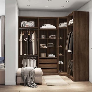 Imagem de Guarda Roupas De Canto Closet Aberto 3 Módulos Com 3 Gavetas 5 Cabideiros Prime Nogueira Dourado