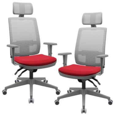 Imagem de Kit 02 Cadeiras De Escritório Giratória Presidente Fritz P03 Tela Cinza Crepe Vermelho - Lyam Decor