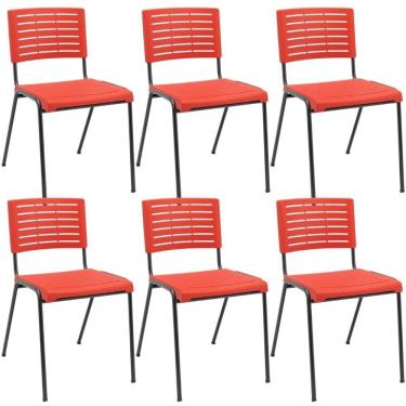Imagem de Kit 06 Cadeiras Empilhável Fixa Escritório Multiuso Base Preta Kimi P03 Vermelho - Lyam Decor