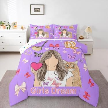 Imagem de Erosebridal Jogo de cama casal, violão, música, roxo, rosa, bola de discoteca, vaqueira, para crianças, adolescentes, conjunto de cama com laços fofos, gato, borboleta, 2 fronhas, decoração de quarto