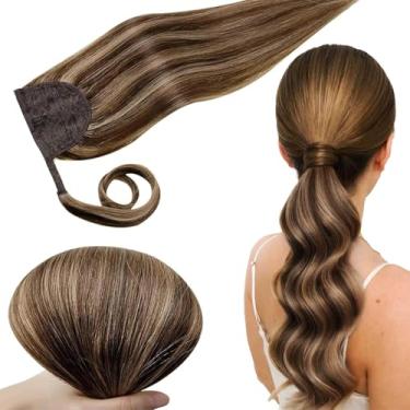 Imagem de RUNATURE Extensão De Rabo Cavalo Longo, Cabelo Humano, 20" Extensões Retas Castanhas Com Pasta Mágica, Mechas Em Nogueira, Rabos Loiros Escuros, Trama Dupla Grossa, 80G