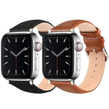 Imagem de MAOSEMSI Pulseiras de couro compatíveis com Apple Watch SE e séries 6/5/4/3/2/1 de 38 mm, 40 mm, 42 mm e 44 mm, 42 mm e 44 mm, feminino e masculino (pacote com 2, 38/40/41/42 mm)