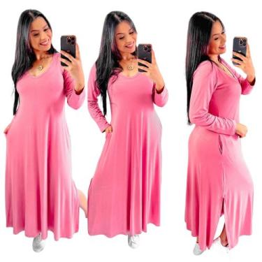 Imagem de Vestido longo gola v com fenda lateral  manga longa - Neide modas, Ros