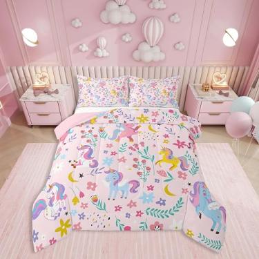 Imagem de Erosebridal Conjunto de edredom kawaii de unicórnio para meninas, tamanho casal, arco-íris, unicórnio, para adolescentes, crianças, edredom com estampa de animal mágico, flor floral rosa, macio, leve