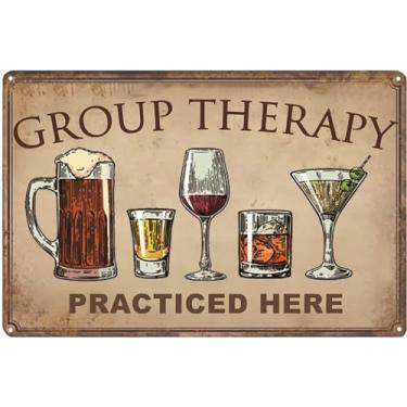 Imagem de Cuarevw Sinais de metal de metal para decoração de parede de bar para pátio, quintal e piscina, terapia de grupo praticada aqui, placas vintage personalizadas engraçadas para decoração de casa