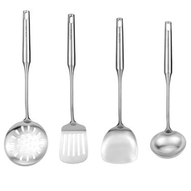 Imagem de Conjunto de utensílios de cozinha de aço inoxidável 18/8, 4 peças de utensílios de cozinha de metal de 38 cm, conjunto de ferramentas com espátula, concha profunda, escumadeira, espátula com fenda
