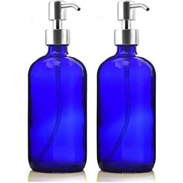 Imagem de 2 X 500ml Dispensador De Sabão Líquido 16 Oz Garrafa De Vidro Azul Cobalto Vazia W/bomba De Aço Inoxidável Para Desinfetante Para As Mãos Loções Caseiras Disp, Cobalt Blue, 500ml