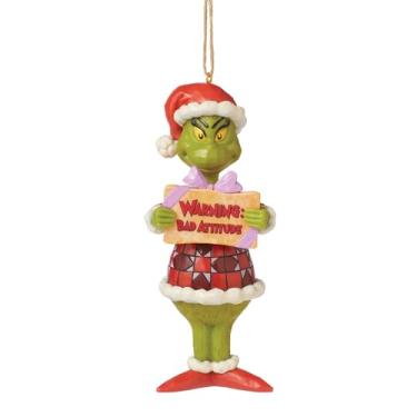 Imagem de Enesco Enfeite de pendurar Dr. Seuss Grinch de Jim Shore Santa Grinch com sinal de má atitude de aviso, feito à mão, enfeites de árvore de Natal colecionáveis pintados à mão, presente de decoração de
