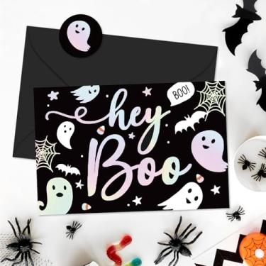 Imagem de Whaline 24 cartões de felicitações a laser de Halloween Boo Ghost Cartões de agradecimento em branco com envelopes adesivos para convites de sala de aula de escritório em casa, suprimentos de festa