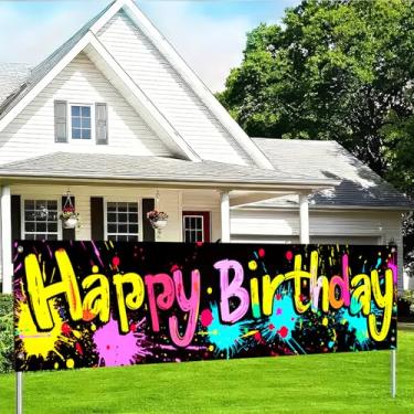 Imagem de BlissYard Feliz Aniversário Grande Banner Neon Graffiti Splash Scroll Streamer Decoração de Parede 79x18 Polegadas Decorações de Festa para Crianças Adultos Slogan Banner Decration For Girls Boys