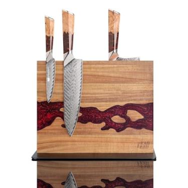 Imagem de FINDKING Bloco Magnético Para Facas, Suporte Duplo, Armazenamento Potente Cozinha, Madeira De Acácia E Resina Vermelha (30 X 25 Cm, Sem Facas)