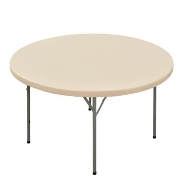 Imagem de Nacuci Toalha de mesa redonda elástica, capa de mesa de poliéster à prova de vento, resistente a arranhões e lavável para mesas dobráveis de 1,5 m, piquenique, acampamento, festa (bege, 152 cm)