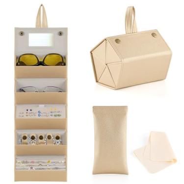 Imagem de CO-Z Organizador de óculos de sol com 5 compartimentos, estojo dobrável para armazenamento de joias com espelho, estojo de óculos de sol de viagem para mulheres e homens, Dourado, tamanho �nico