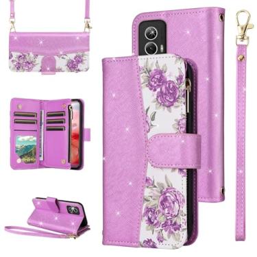 Imagem de Furiet Capa carteira floral para Motorola Moto G Power 5G 2024 com alça de pulso/ombro, suporte de cartão de couro PU com glitter de luxo acessórios capa de celular para mulheres G5 roxo