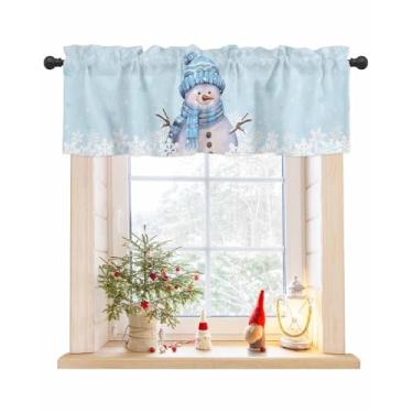 Imagem de Boneco de neve de Natal, sanefas azuis claras para janelas, boneco de neve com touca azul, cachecol, bolso para varão, cortina, cortina, tratamento de janela, cortinas curtas para cozinha, inverno