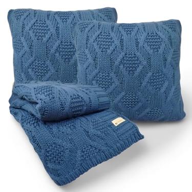 Imagem de Kit Manta Tricot Luxo 150x120cm + 2 Almofadas com Enchimento | Zíper Invisível | Fibra Siliconada | Sofá Sala | Xale Decorativo Elegante G05 (Azul Blue)